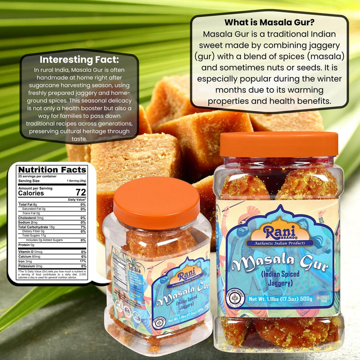 Rani Masala Gur (Jaggery) Indian Unrefined Raw Cane Sugar 17.5oz (1.1lbs) 500g PET Jar ~ Gluten Friendly | Vegan | NON-GMO | Kosher | No Salt or fillers