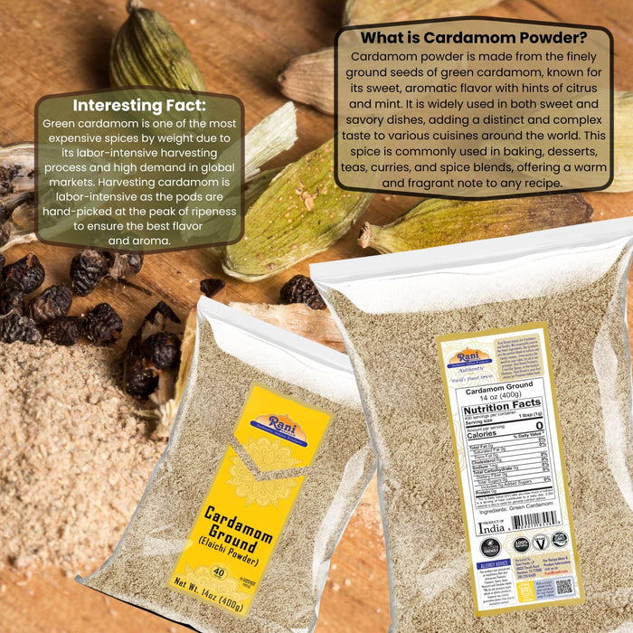 Rani Cardamom (Elachi) Ground, Powder Indian Spice 14oz (400g) ~ All Natural | No Color Added | Gluten Friendly | Vegan | NON-GMO | Kosher | No Salt or Fillers