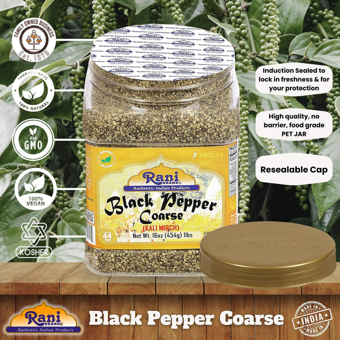 Rani Black Pepper Coarse Ground 28 Mesh (Table Grind), 16oz (1lb) 454g PET Jar ~ All Natural | Vegan | Gluten Friendly | NON-GMO | Kosher