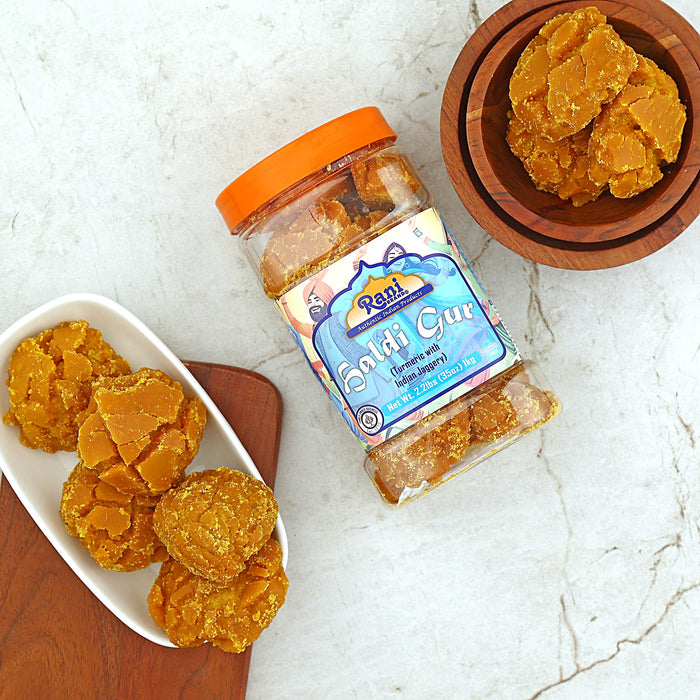 Rani Haldi Gur (Turmeric with Indian Jaggery) Indian Unrefined Raw Cane Sugar 35oz (2.2lbs) 1kg PET Jar ~ Gluten Friendly | Vegan | NON-GMO | Kosher | No Salt or fillers | Indian Product