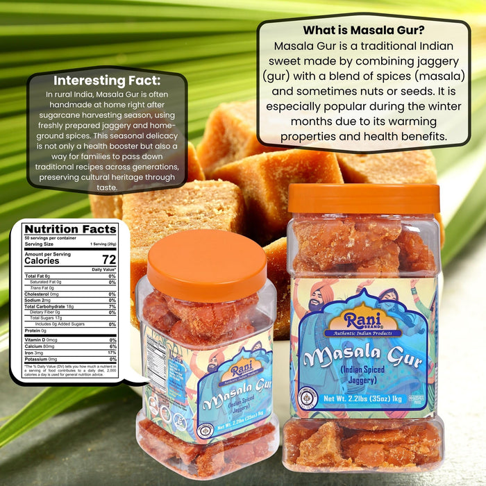 Rani Masala Gur (Jaggery) Indian Unrefined Raw Cane Sugar 35oz (2.2lbs) 1kg PET Jar ~ Gluten Friendly | Vegan | NON-GMO | Kosher | Indian Product