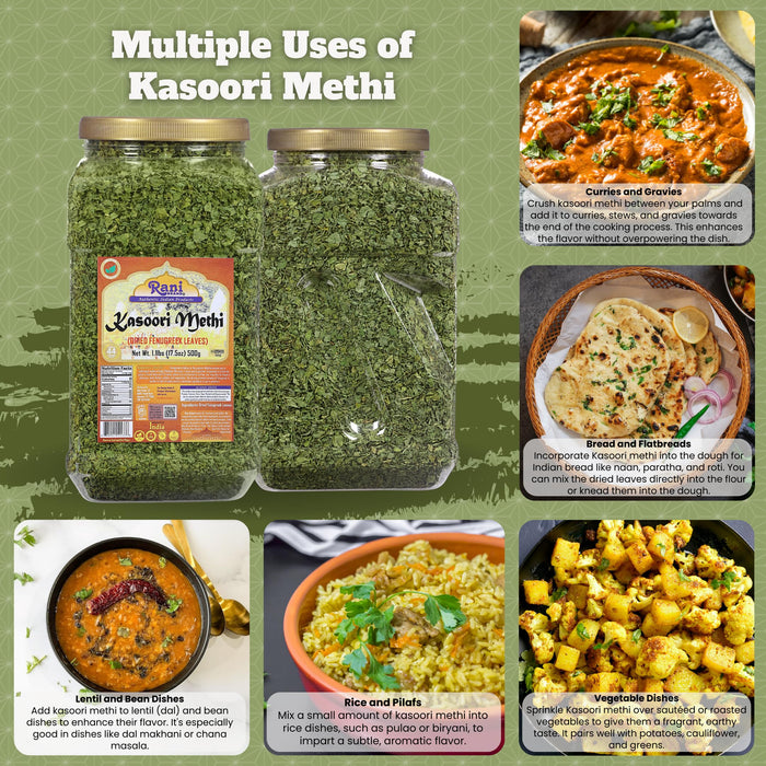 Rani Fenugreek Leaves Dried (Kasoori Methi) 17.5oz (1.1lbs) 500g PET Jar ~ All Natural | Vegan | Gluten Friendly | NON-GMO | Kosher | Indian Origin