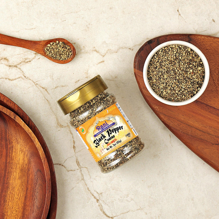 Rani Black Pepper Coarse Ground 28 Mesh (Table Grind), 3oz (85g) PET Jar ~ Gluten Friendly, Non-GMO, All Natural | Kosher