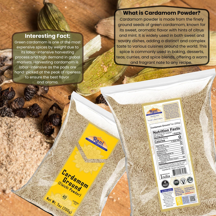 Rani Cardamom (Elachi) Ground, Powder Indian Spice 7oz (200g) ~ All Natural | No Color added | Gluten Friendly | Vegan | NON-GMO | Kosher | No Salt or fillers