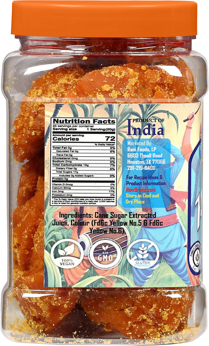 Rani Pesi Gur (Jaggery) Indian Unrefined Raw Cane Sugar 17.5oz (1.1lbs) 500g PET Jar ~ Gluten Friendly | Vegan | NON-GMO | Kosher | No Salt or fillers | Indian Product