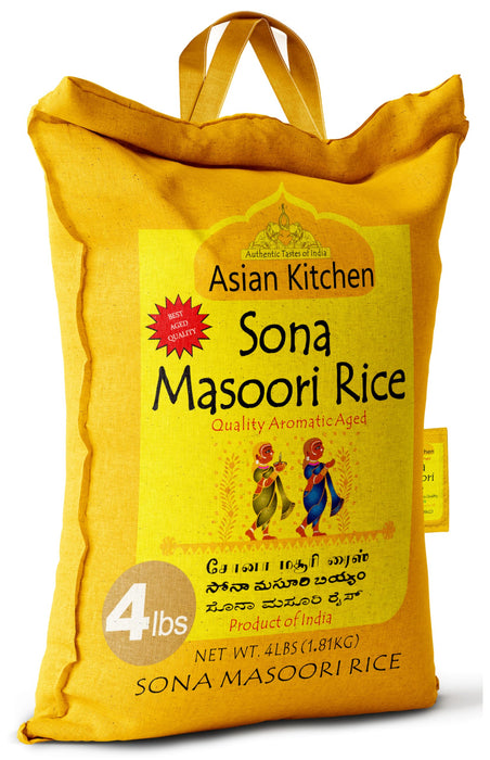 Asian Kitchen White Sona Masoori Aged Rice 4lbs (1.81kg) Short Grain Rice ~ All Natural | Gluten Friendly | Vegan | Indian Origin | Export Quality