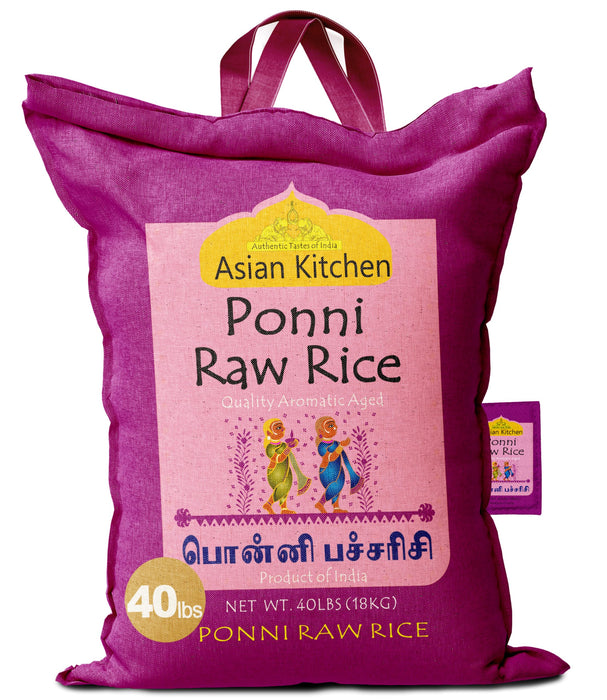 Asian Kitchen Ponni Raw Rice 40-Pound Bag, 40lbs (18.14kg) Short Grain Rice ~ All Natural | Gluten Friendly | Vegan | Indian Origin | Export Quality
