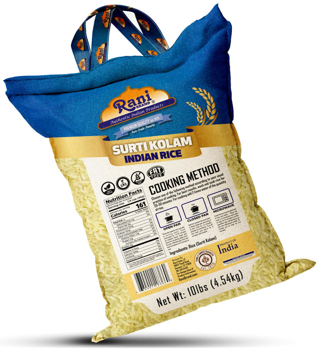 Rani Surti Kolam Indian Rice 160oz (10lbs) 4.54kg Cloth Bag ~ All Natural | Gluten Friendly | Vegan | Kosher | Export Quality | Indian Origin