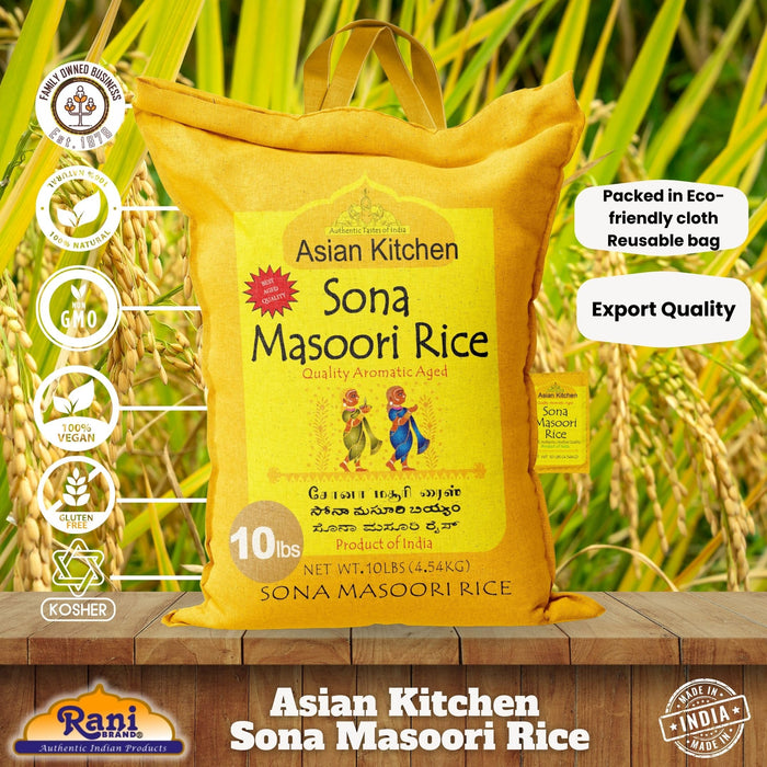 Asian Kitchen White Sona Masoori Aged Rice 10lbs (4.54kg) Short Grain Rice ~ All Natural | Gluten Friendly | Vegan | Indian Origin | Export Quality