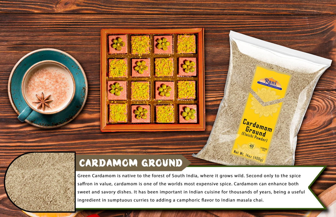 Rani Cardamom (Elachi) Ground, Powder Indian Spice 14oz (400g) ~ All Natural | No Color Added | Gluten Friendly | Vegan | NON-GMO | Kosher | No Salt or Fillers