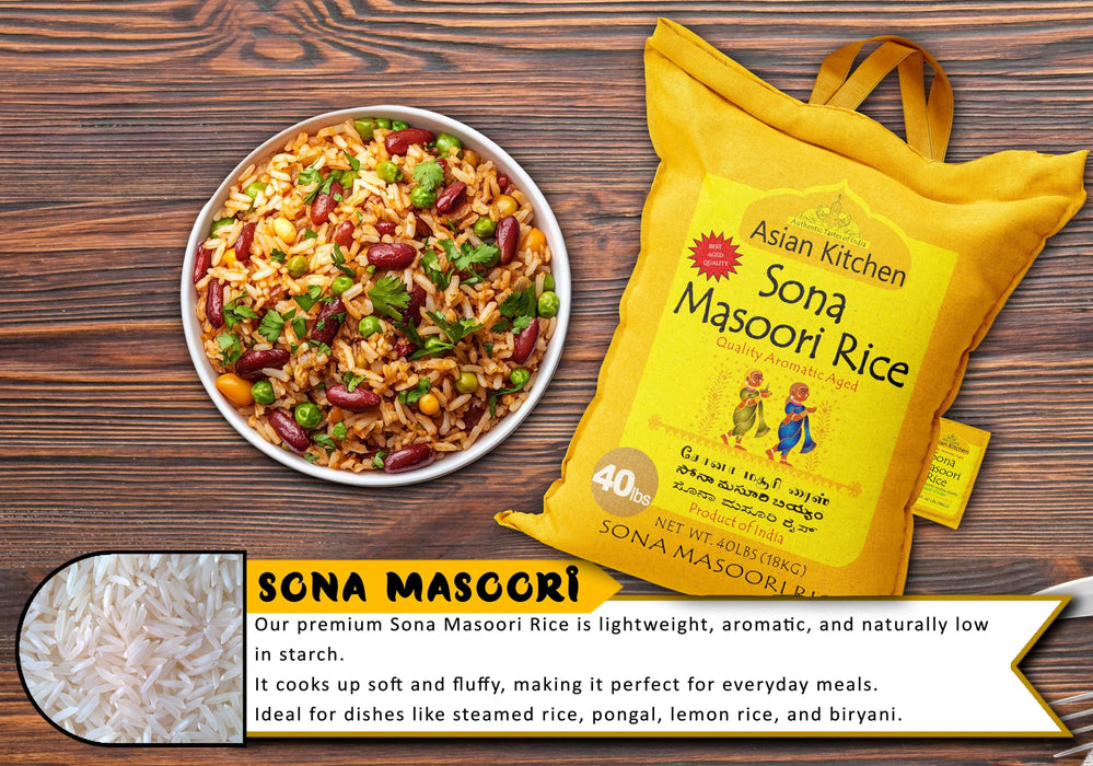 Asian Kitchen White Sona Masoori Aged Rice 40-Pound Bag, 40lbs (18.14kg) Short Grain Rice ~ All Natural | Gluten Friendly | Vegan | Indian Origin | Export Quality