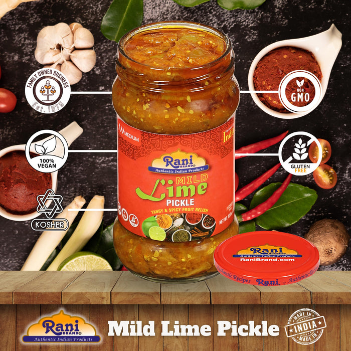 Rani Lime Pickle Mild (Achar, Spicy Indian Relish) 10.5oz (300g) ~ Glass Jar, All Natural | Vegan | Gluten Friendly | NON-GMO | Kosher | No Colors