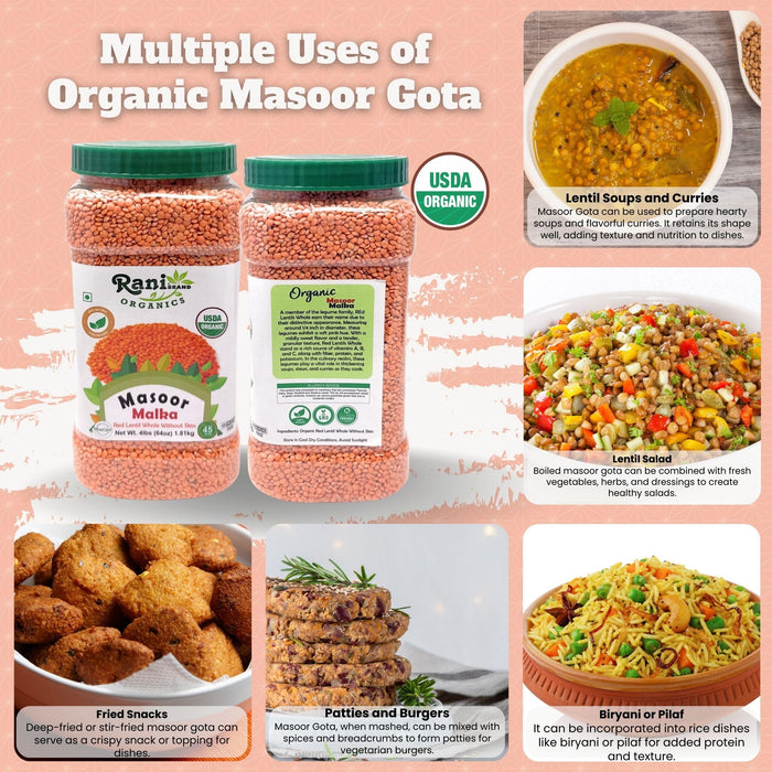 Rani Organic Masoor Gota (Football) Indian Red Lentils Skinless 64oz (4lbs) 1.81kg Bulk ~ All Natural | Gluten Friendly | NON-GMO | Kosher | Vegan | Product of USA
