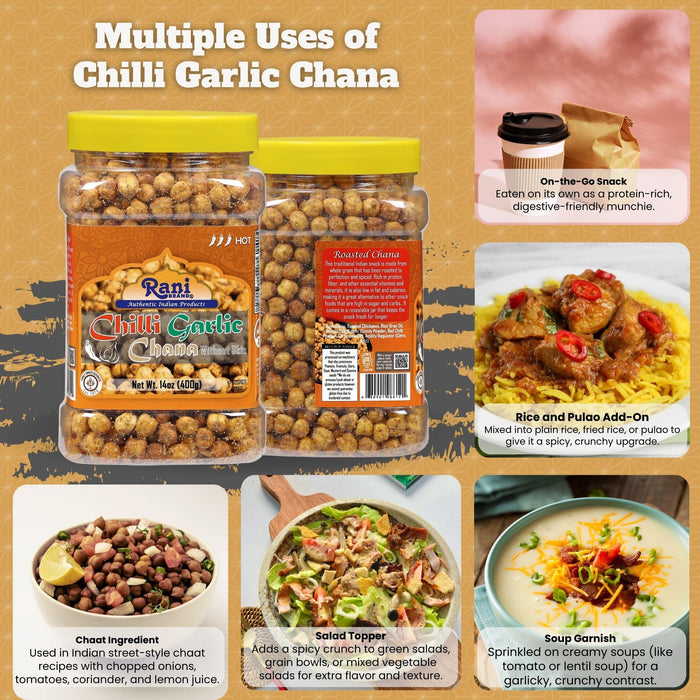 Rani Roasted Chana (Chickpeas) Chilli Garlic Flavor 14oz (400g) PET Jar ~ All Natural | Vegan | No Preservatives | Gluten Friendly | Kosher | Indian Origin | Great Snack, Ready to Eat | Seasoned with 6 Spices