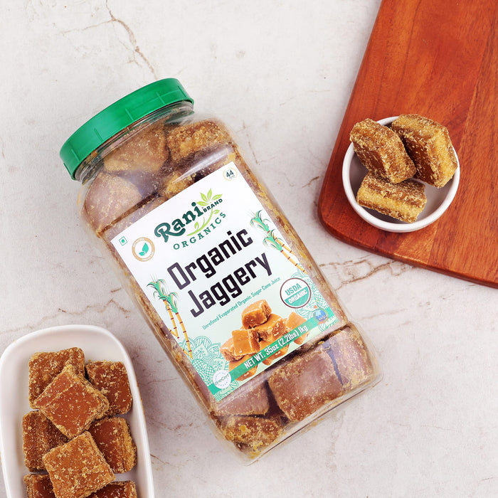 Rani Organic Jaggery (Unrefined Evaporated Organic Sugar Cane Juice) 35oz (2.2lbs) 1kg PET Jar ~ Gluten Friendly | Vegan | NON-GMO | No Salt or fillers | Indian Product | USDA Certified Organic