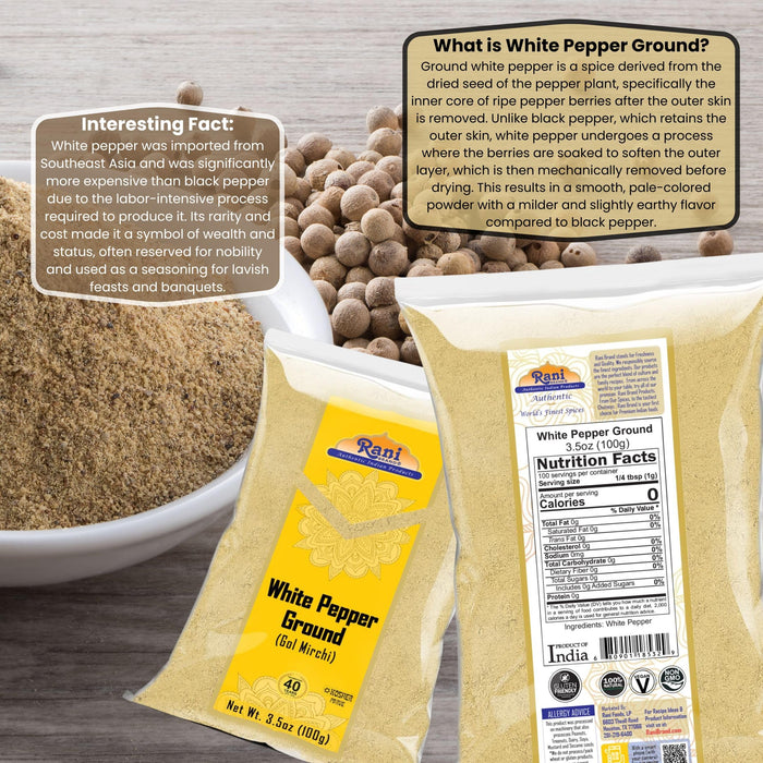Rani White Pepper (Gol Mirch), Ground Spice 3.5oz (100g) ~ All Natural | Vegan | Gluten Friendly| NON-GMO | Indian Origin