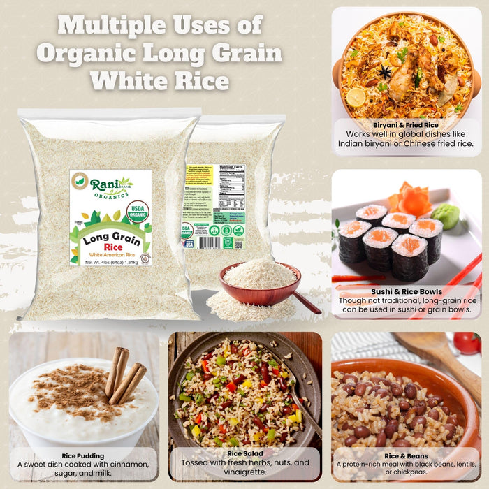 Rani Organic Long Grain White Rice 64oz (4lbs) 1.81kg Bulk ~ All Natural | Gluten Friendly | Vegan | Non-GMO | Kosher | Product of USA | USDA Certified Organic