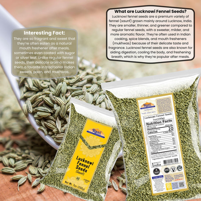 Rani Fennel Lucknowi Seeds (Fine Small Fennel) Whole Spice 7oz (200g) All Natural ~ Gluten Friendly | NON-GMO | Kosher | Vegan | Indian Origin