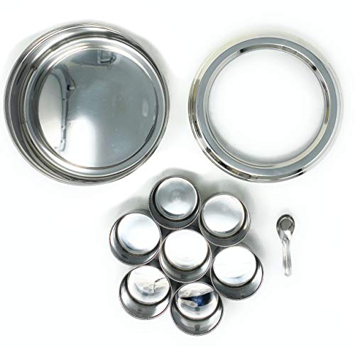 Rani Spice Box Stainless Steel Transparent Round Storage For Spices (Masala Dabba) 7 Compartments, with spoon (9.2in x 3in) ~ Packed in an attractive box, perfect for gifts!