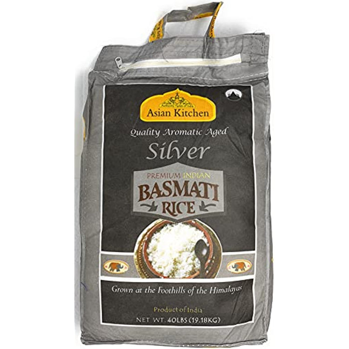 Asian Kitchen Silver White Basmati Rice Aged 40lbs (18.18kg) ~ All Natural | Gluten Friendly | Vegan | Indian Origin | Export Quality