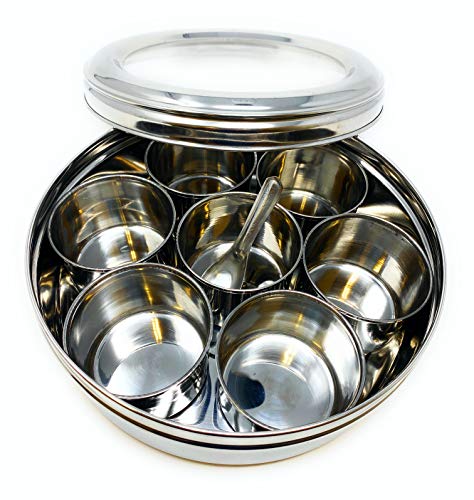 Rani Spice Box Stainless Steel Transparent Round Storage For Spices (Masala Dabba) 7 Compartments, with spoon (9.2in x 3in) ~ Packed in an attractive box, perfect for gifts!