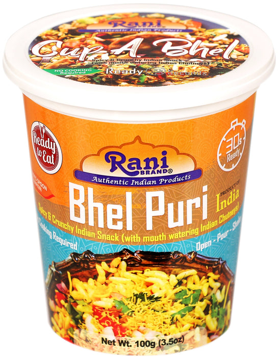 Rani Bhel Puri Cup (Spicy & Crunchy Indian Snack w/ mouth watering Indian Chutneys) 3.5oz (100g), Pack of 4 ~ Ready to Eat | Vegan | NON-GMO | Indian Origin