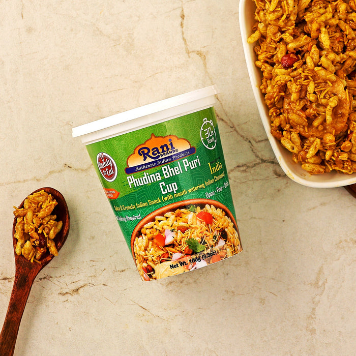 Rani Pudina Bhel Puri Cup (Spicy & Crunchy Indian Snack w/ mouth watering Indian Chutneys) 3.5oz (100g), Pack of 6+1 FREE ~ Ready to Eat | Vegan | NON-GMO | Indian Origin