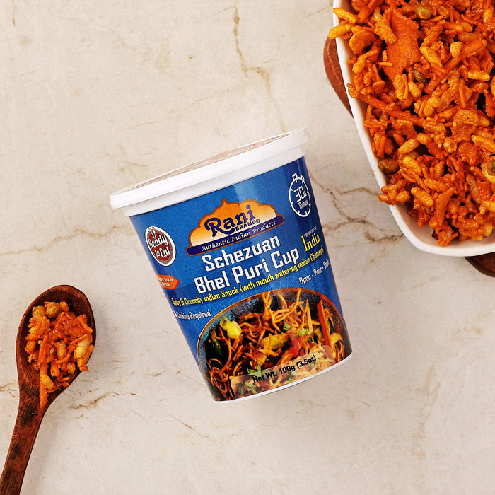 Rani Schezuan Bhel Puri Cup (Spicy & Crunchy Indian Snack w/ mouth watering Indian Chutneys) 3.5oz (100g), Pack of 6+1 FREE ~ Ready to Eat | Vegan | NON-GMO | Indian Orgin