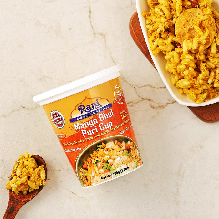 Rani Mango Bhel Puri Cup (Spicy & Crunchy Indian Snack w/ mouth watering Indian Chutneys) 3.5oz (100g), Pack of 6+1 FREE ~ Ready to Eat | Vegan | NON-GMO | Indian Origin