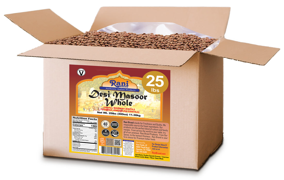 Rani Desi Masoor (Masur) Whole 400oz (25lbs) 11.36kg (aka. Pardina Spanish / American Brown Lentils Whole) Bulk Box ~ All Natural | Vegan | Gluten Friendly | Product of USA