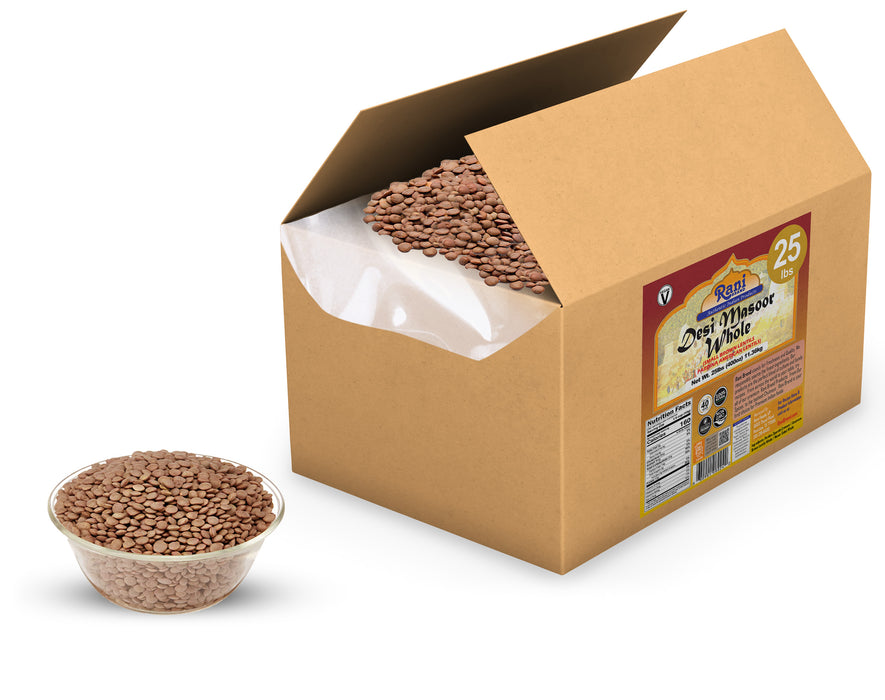 Rani Desi Masoor (Masur) Whole 400oz (25lbs) 11.36kg (aka. Pardina Spanish / American Brown Lentils Whole) Bulk Box ~ All Natural | Vegan | Gluten Friendly | Product of USA