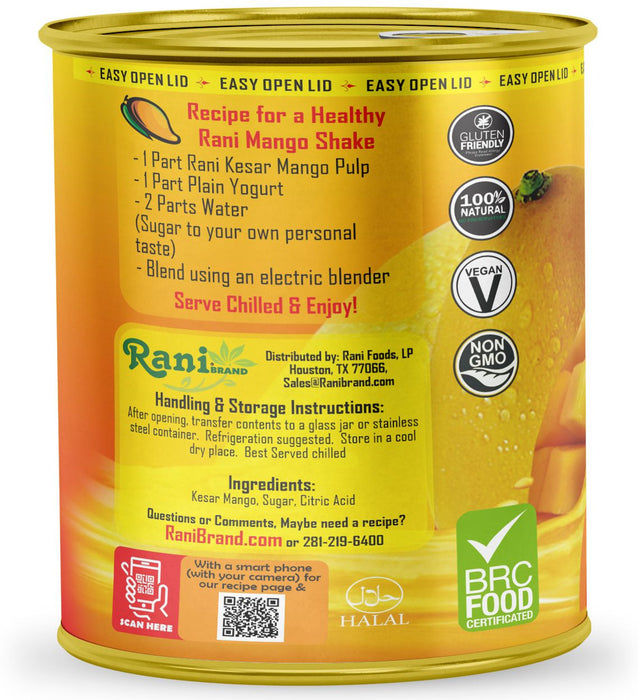 Rani Mango Pulp Puree (Makes Mango Lassi Shakes) Kesar Sweetened 30oz (1.875lbs) 850g Pack of 6, 160 cases Pallet ~ Kosher | All Natural | NON-GMO | Vegan | No colors | Gluten Friendly | Indian Origin