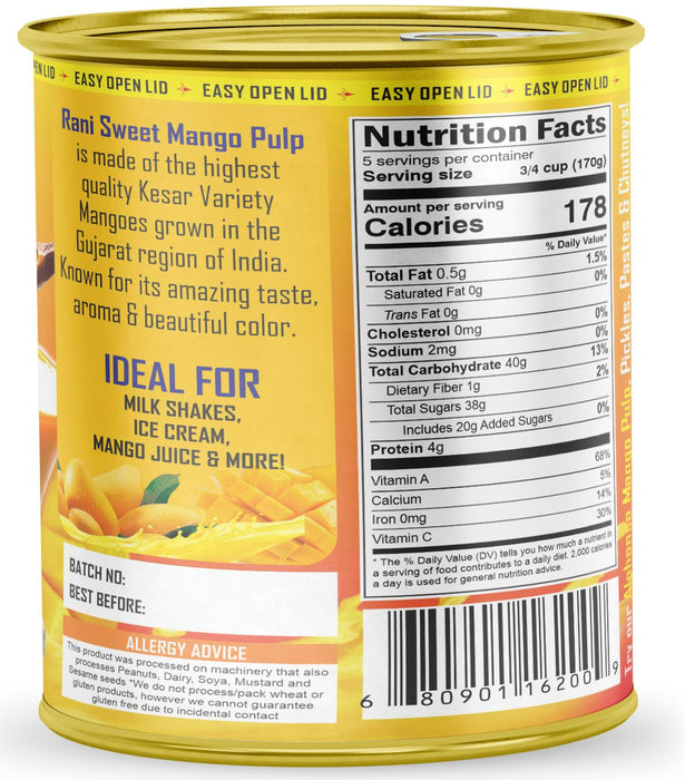 Rani Mango Pulp Puree (Makes Mango Lassi Shakes) Kesar Sweetened 30oz (1.875lbs) 850g Pack of 6, 160 cases Pallet ~ Kosher | All Natural | NON-GMO | Vegan | No colors | Gluten Friendly | Indian Origin