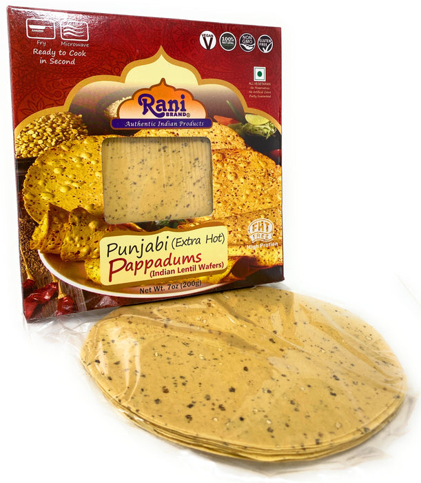 Rani Pappadums (Indian Lentil Wafer Snack) Punjabi Papad - Extra Hot, 7oz (200g) Approximately 15pc, 7 inches ~ All Natural | Gluten Friendly | NON-GMO | Vegan | Indian Origin