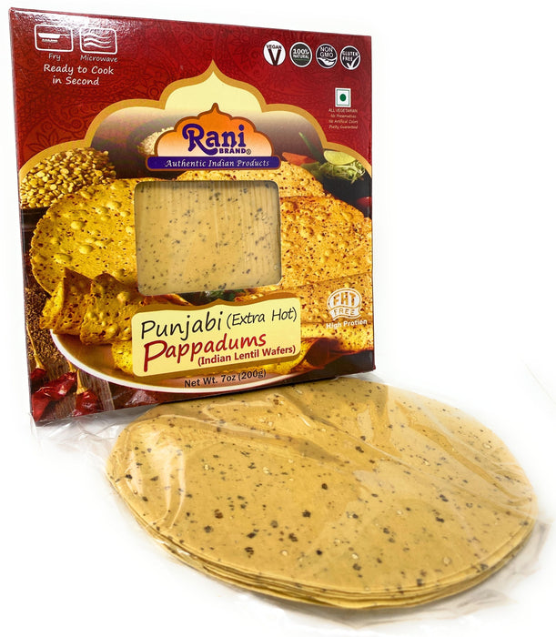 Rani Pappadums (Indian Lentil Wafer Snack) Punjabi Papad - Extra Hot, 7oz (200g) Approximately 15pc, 7 inches, Pack of 12 ~ All Natural | Gluten Friendly | NON-GMO | Vegan