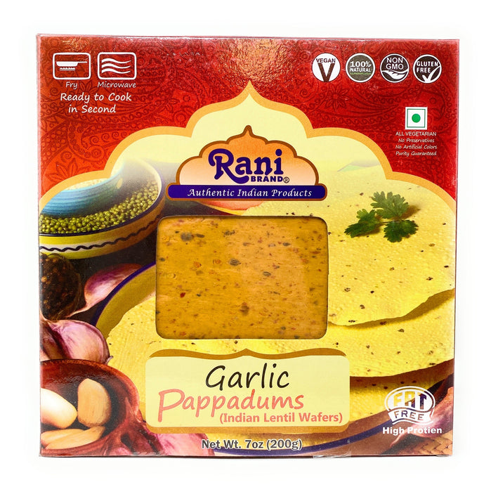 Rani Pappadums (Indian Lentil Wafer Snack) Garlic Papad 7oz (200g) Approximately 15pc, 7 inches, Pack of 12 ~ All Natural | Gluten Friendly | NON-GMO
