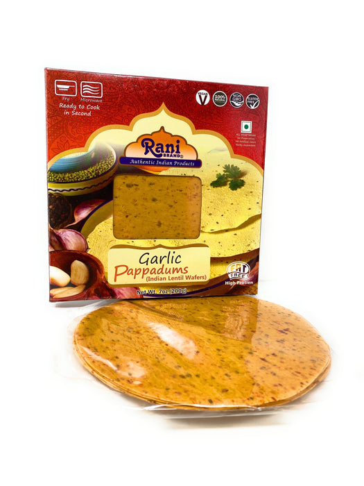 Rani Pappadums (Indian Lentil Wafer Snack) Garlic Papad 7oz (200g) Approximately 15pc, 7 inches, Pack of 12 ~ All Natural | Gluten Friendly | NON-GMO
