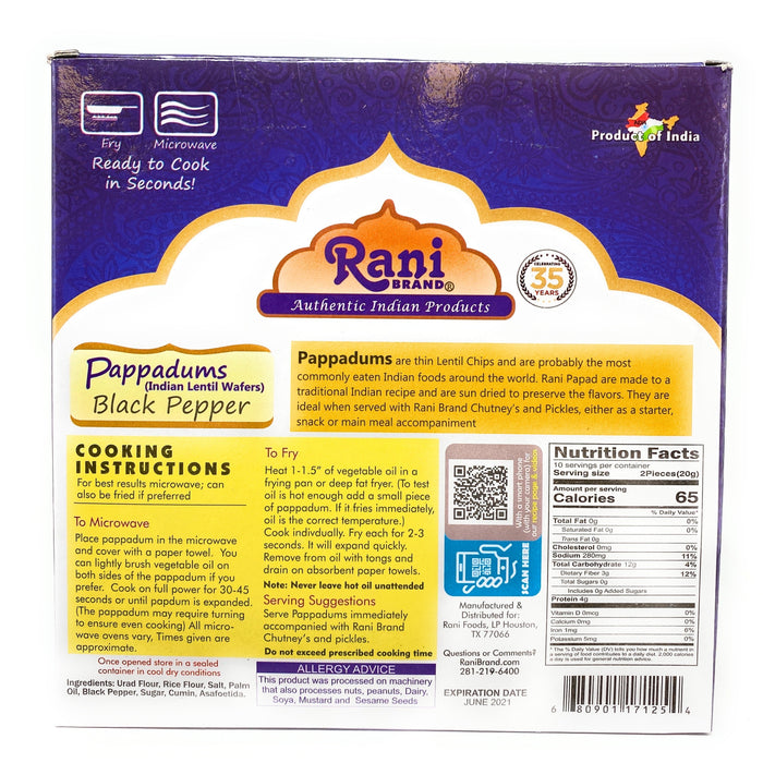Rani Pappadums (Indian Lentil Wafer Snack) Black Pepper Papad 7oz (200g) Approximately 15pc, 7 inches, Pack of 2 ~ All Natural | Gluten Friendly | NON-GMO | Vegan | Indian Origin