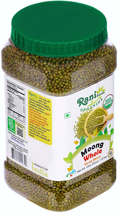 Rani Organic Moong Whole (Whole Mung Beans with Skin) Indian Lentils 64oz (4lbs) 1.81kg Bulk PET Jar ~ All Natural | Vegan | Gluten Friendly | NON-GMO