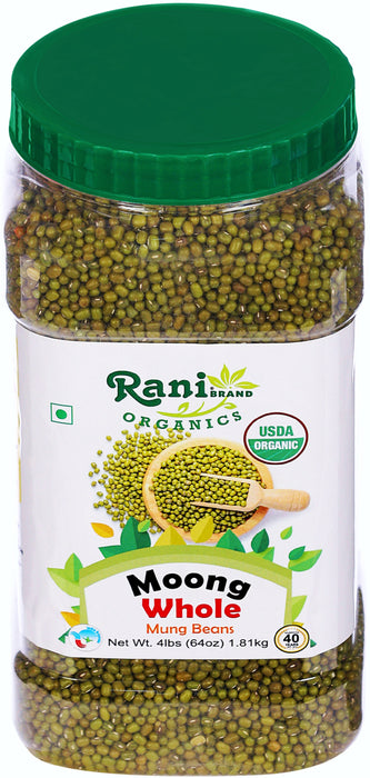 Rani Organic Moong Whole (Whole Mung Beans with Skin) Indian Lentils 64oz (4lbs) 1.81kg Bulk PET Jar ~ All Natural | Vegan | Gluten Friendly | NON-GMO