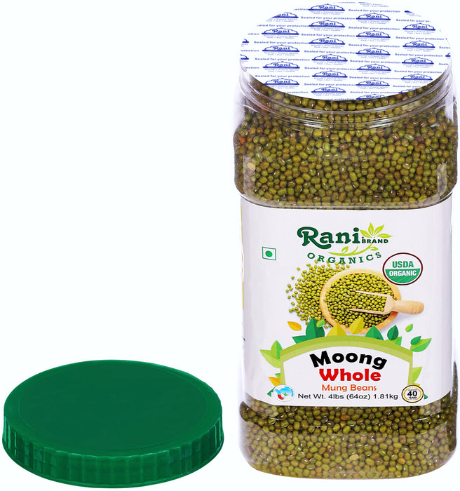 Rani Organic Moong Whole (Whole Mung Beans with Skin) Indian Lentils 64oz (4lbs) 1.81kg Bulk PET Jar ~ All Natural | Vegan | Gluten Friendly | NON-GMO
