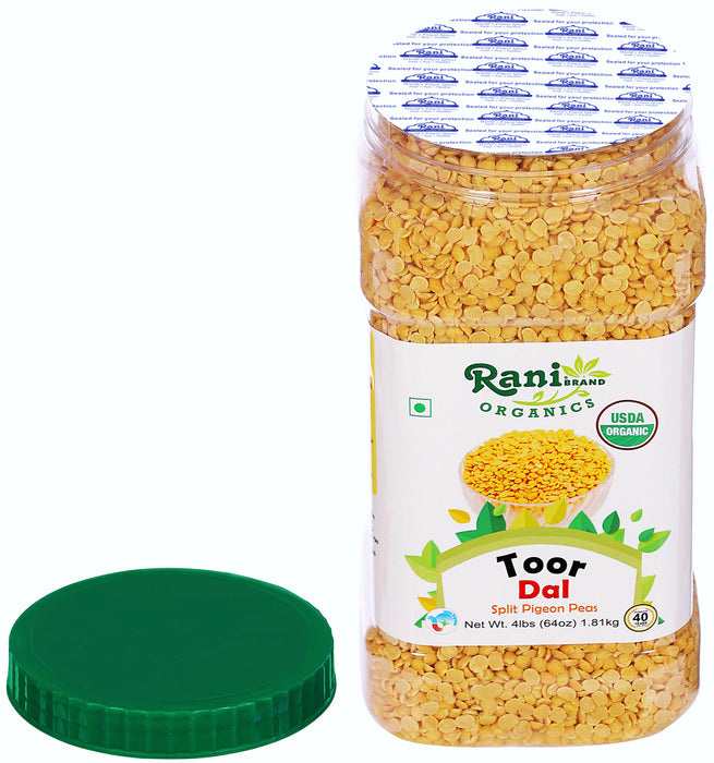 Rani Organic Toor Dal (Split Pigeon Peas) 64oz (4lbs) 1.81kg Bulk PET Jar ~ All Natural | Vegan | Gluten Friendly | NON-GMO | Indian Origin