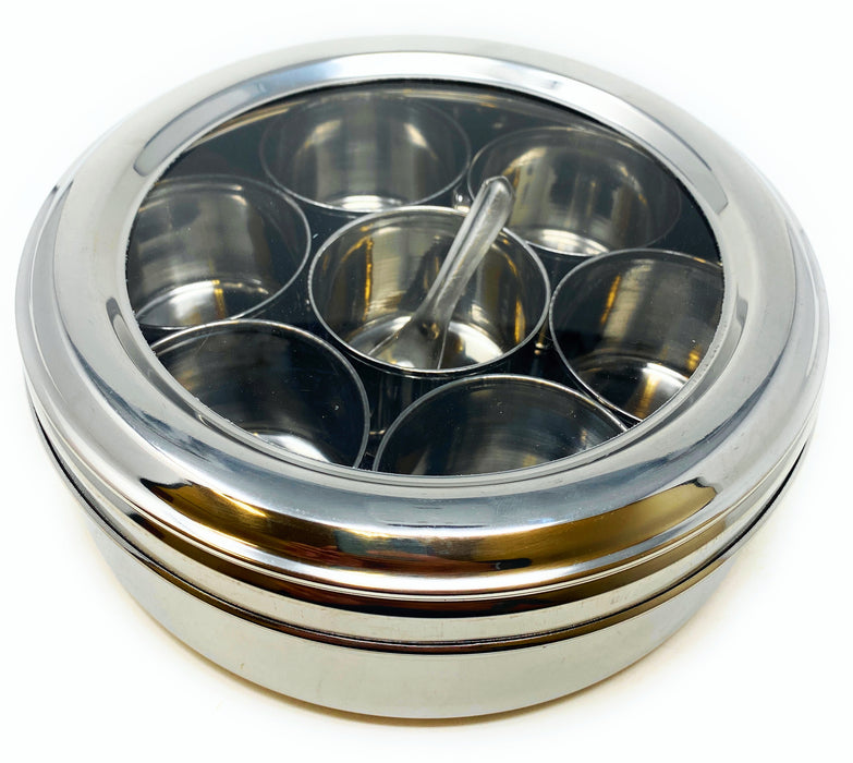 Rani Spice Box Stainless Steel Transparent Round Storage For Spices (Masala Dabba) 7 Compartments, with spoon (9.2in x 3in) ~ Packed in an attractive box, perfect for gifts!