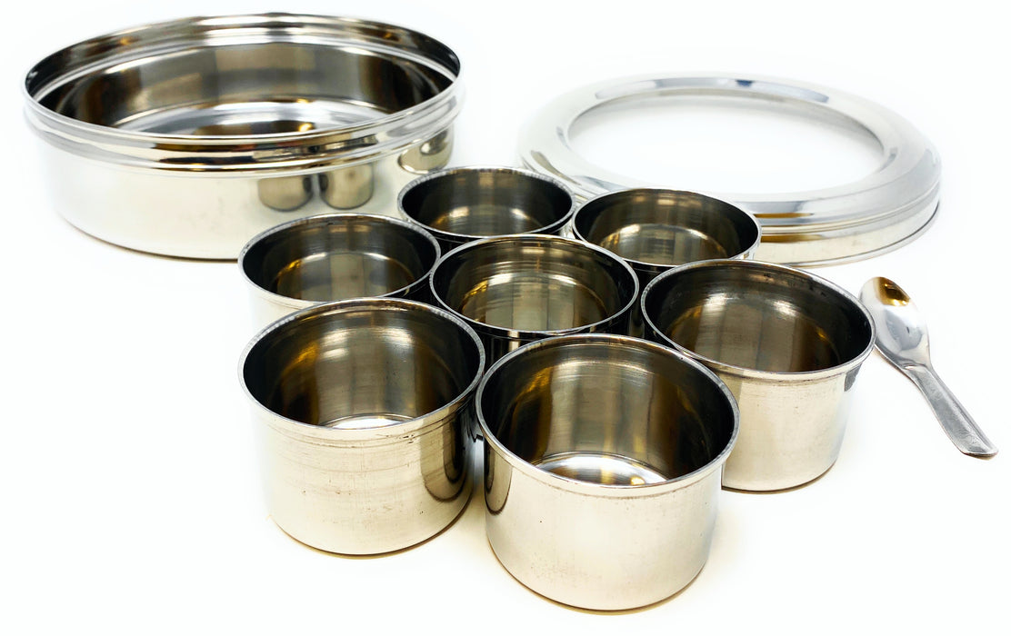 Rani Spice Box Stainless Steel Transparent Round Storage For Spices (Masala Dabba) 7 Compartments, with spoon (9.2in x 3in) ~ Packed in an attractive box, perfect for gifts!
