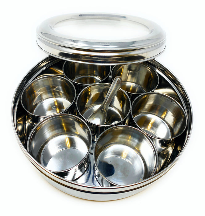 Rani Spice Box Stainless Steel Transparent Round Storage For Spices (Masala Dabba) 7 Compartments, with spoon (7.5in x 2.8in) ~ Packed in an attractive box, perfect for gifts!