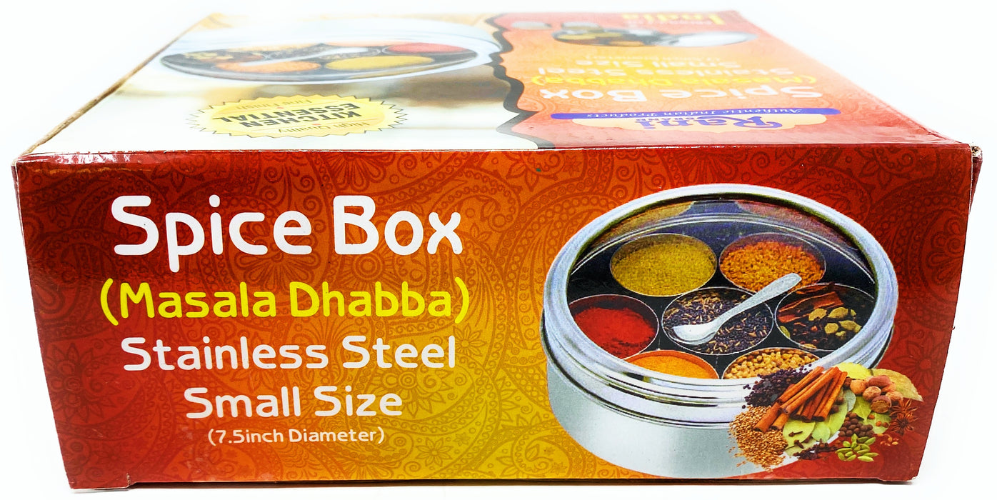 Rani Spice Box Stainless Steel Transparent Round Storage For Spices (Masala Dabba) 7 Compartments, with spoon (7.5in x 2.8in) ~ Packed in an attractive box, perfect for gifts!