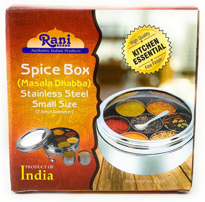 Rani Spice Box Stainless Steel Transparent Round Storage For Spices (Masala Dabba) 7 Compartments, with spoon (7.5in x 2.8in) ~ Packed in an attractive box, perfect for gifts!