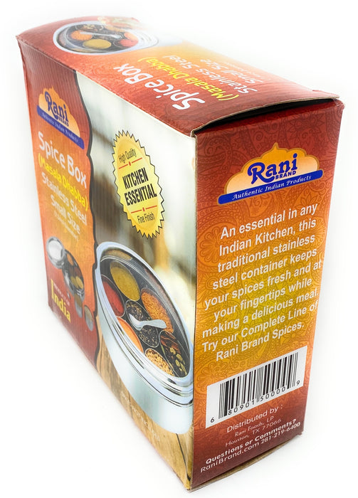 Rani Spice Box Stainless Steel Transparent Round Storage For Spices (Masala Dabba) 7 Compartments, with spoon (7.5in x 2.8in) ~ Packed in an attractive box, perfect for gifts!