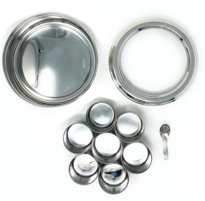 Rani Spice Box Stainless Steel Transparent Round Storage For Spices (Masala Dabba) 7 Compartments, with spoon (7.5in x 2.8in) ~ Packed in an attractive box, perfect for gifts!