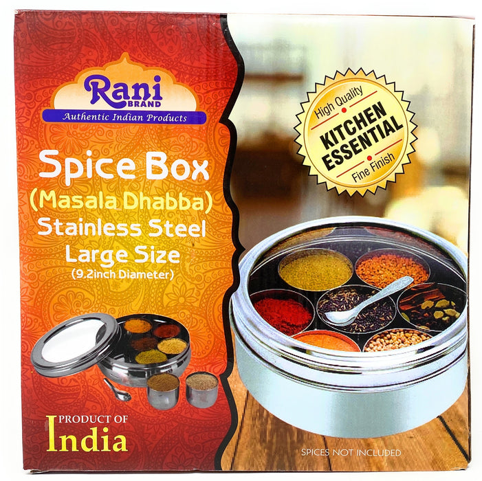 Rani Spice Box Stainless Steel Transparent Round Storage For Spices (Masala Dabba) 7 Compartments, with spoon (9.2in x 3in) ~ Packed in an attractive box, perfect for gifts!